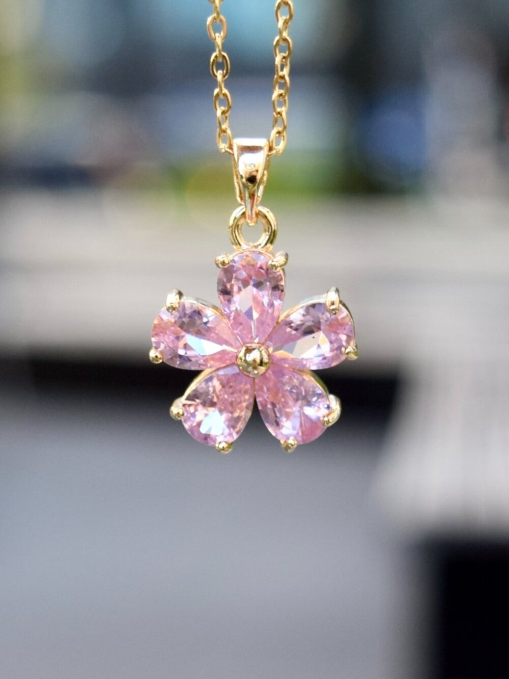Icy Pink Flower Crystals Charm Necklace - Stainless Steel Chain